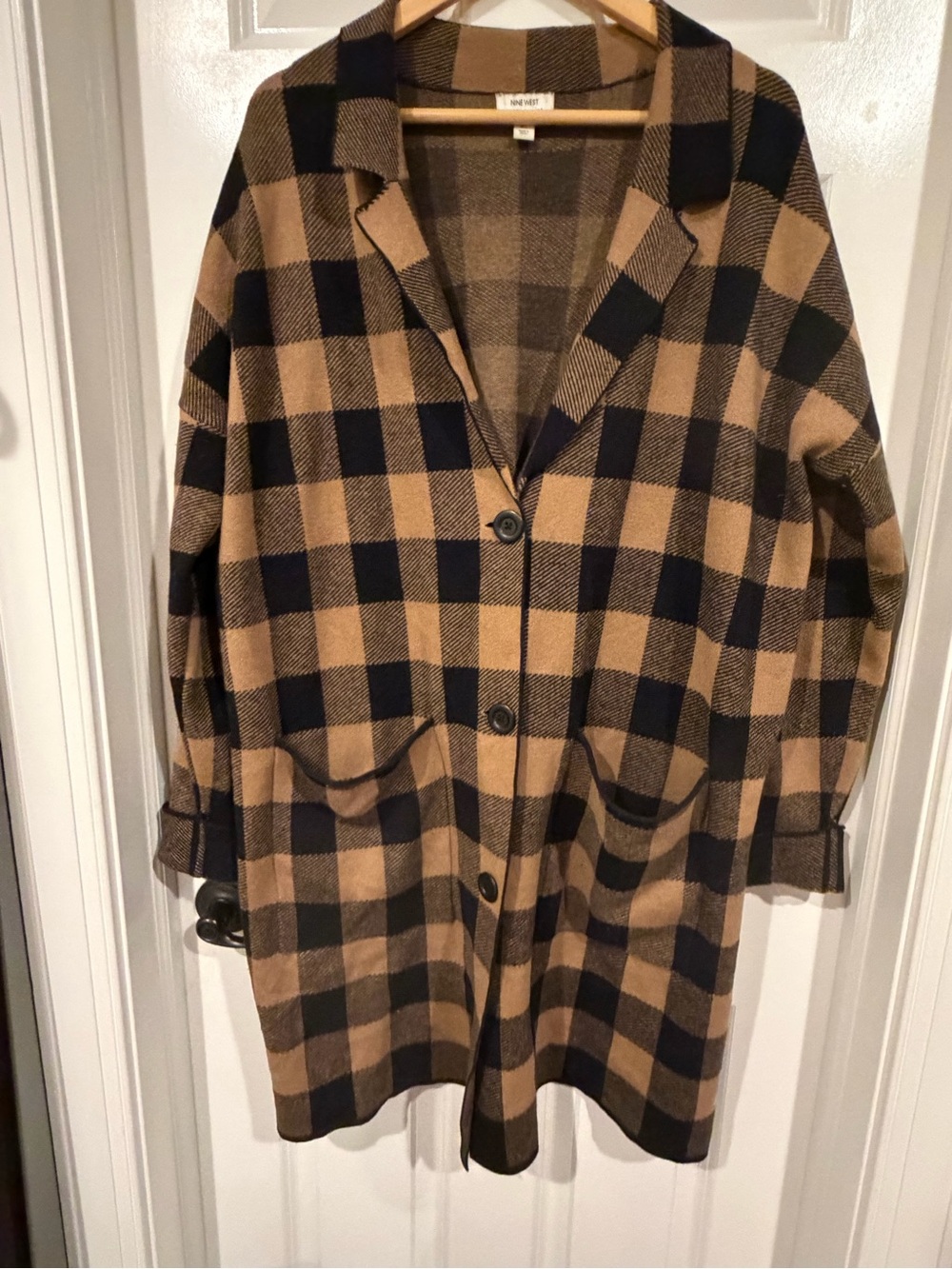 Nine West Tan and Black Plaid Oversized Sweater Coat XL